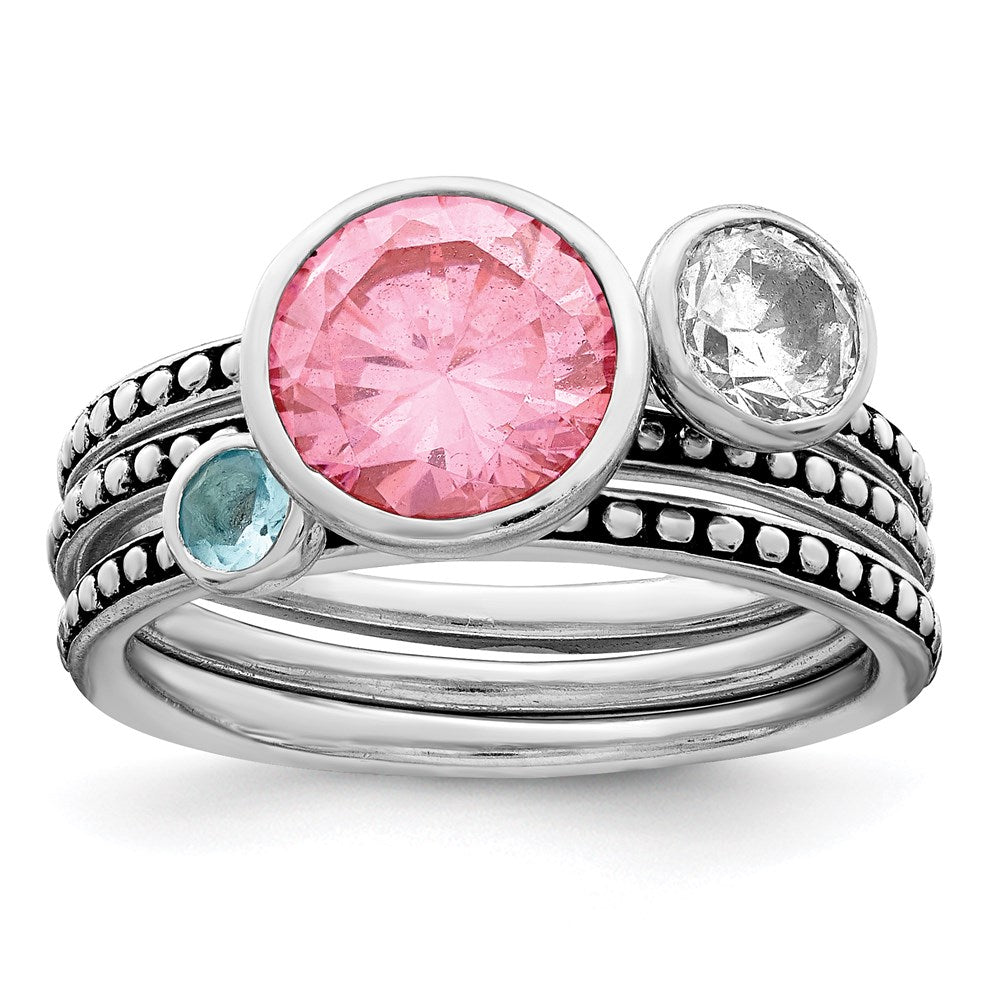 Polished;Sterling silver;CZ;Textured;Solid Back;Pink CZ;Blue CZ