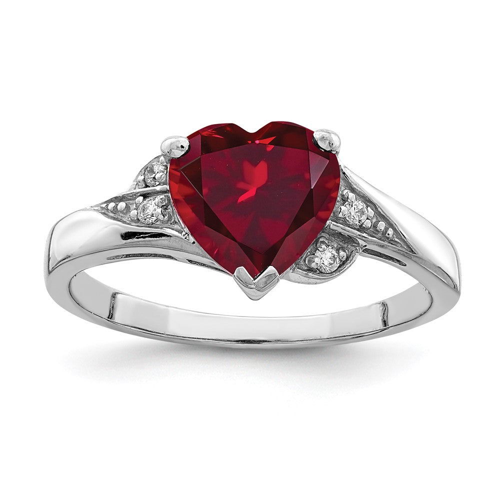 Casted;Polished;Open back;Sterling silver;CZ;Rhodium-plated;Heart;Synthetic ruby