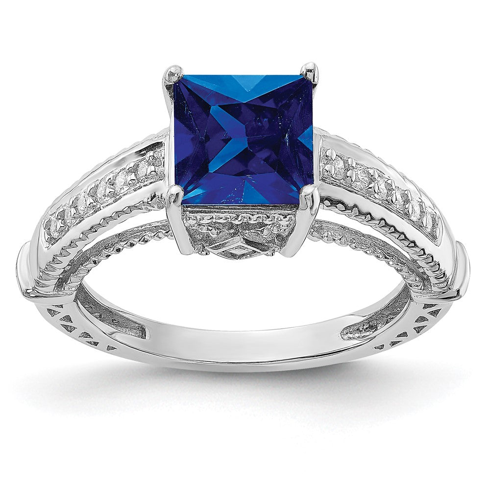 Polished;Open back;Synthetic;Sterling silver;CZ;Sapphire;Blue