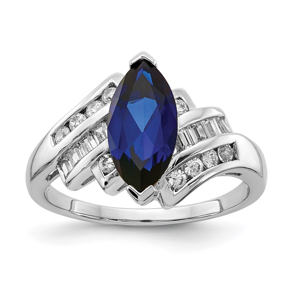 Polished;Open back;Synthetic;Sterling silver;CZ;Sapphire;Blue