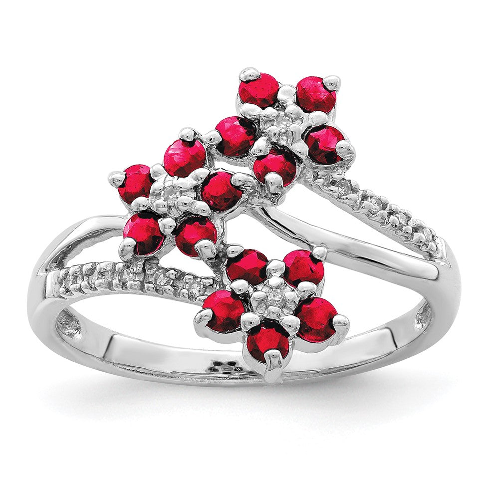 Polished;Open back;Sterling silver;Diamond;Ruby;Rhodium-plated