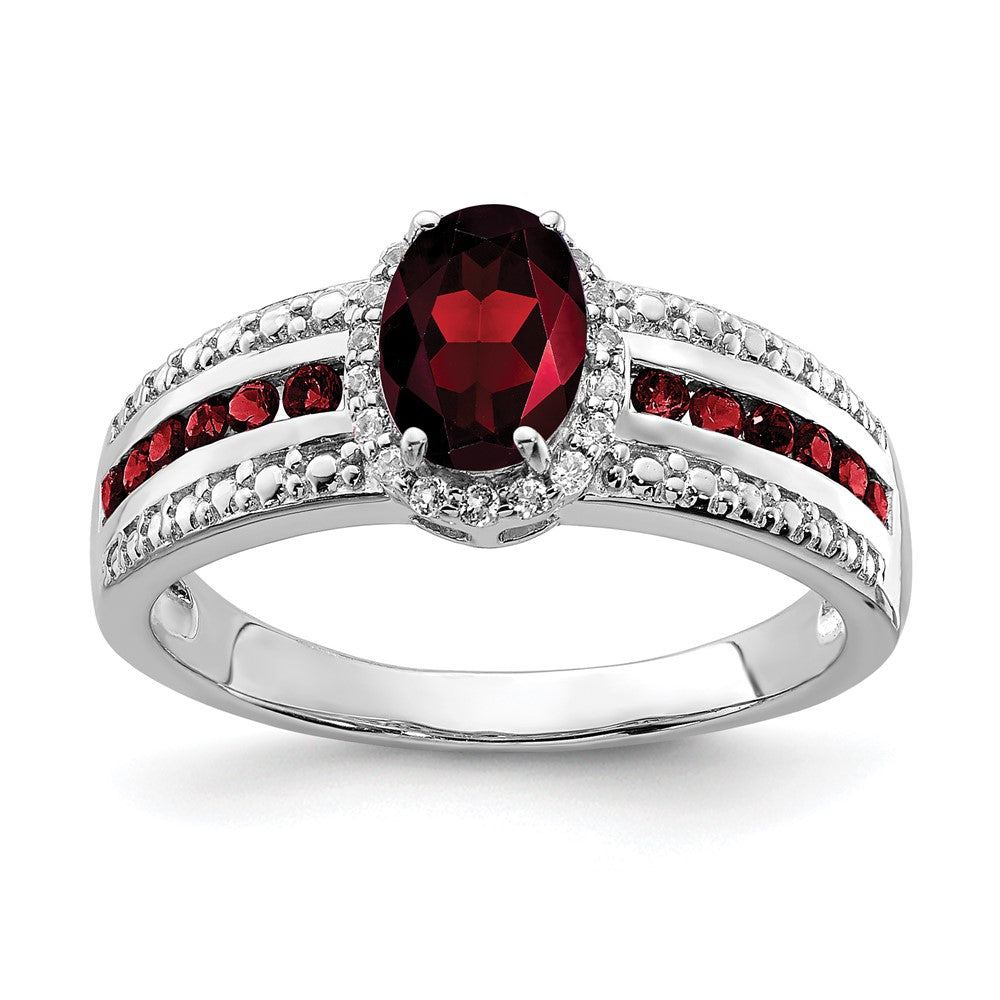 Polished;Open back;Sterling silver;Garnet;Rhodium-plated;White topaz
