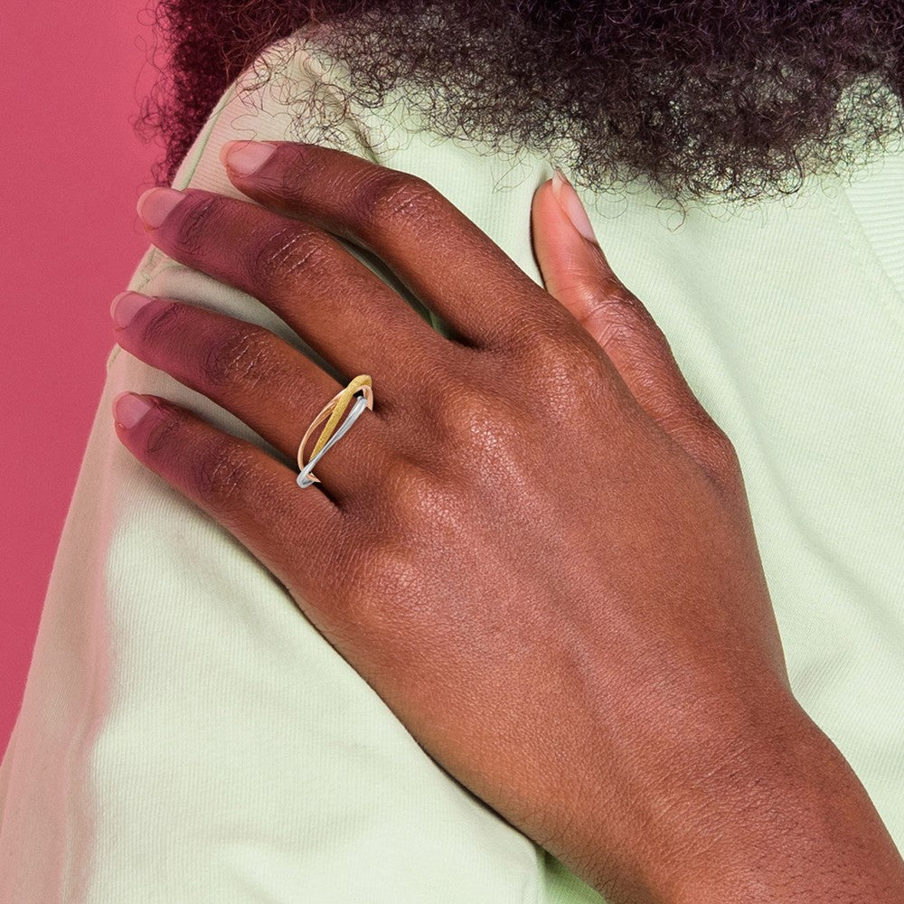 Sterling Silver Rhodium Gold & Rose Gold-tone Intertwined Ring