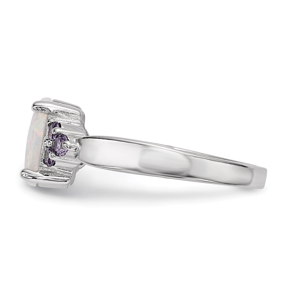 Sterling Silver Rhodium-plated Oval Created Opal w/Purple CZ Ring