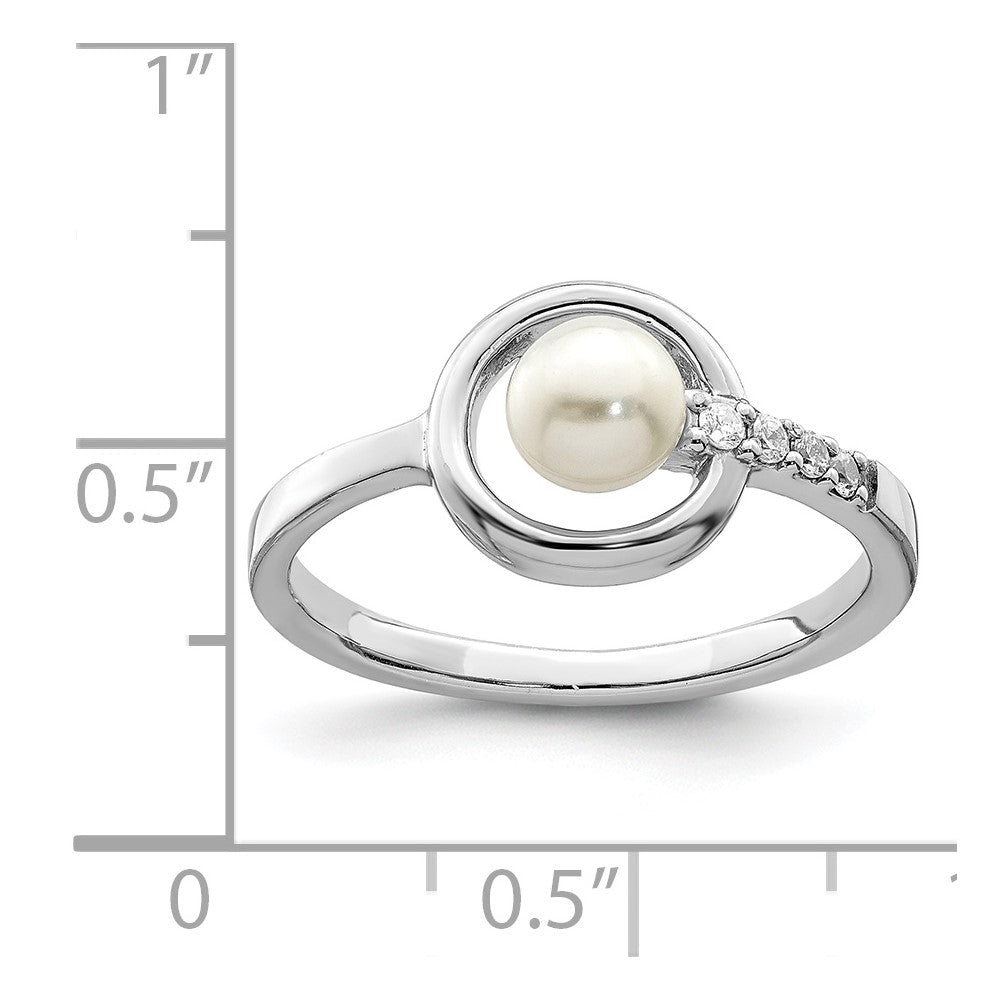 Sterling Silver Rhodium-plated CZ 5-6mm Button FWC Pearl in Circle Ring