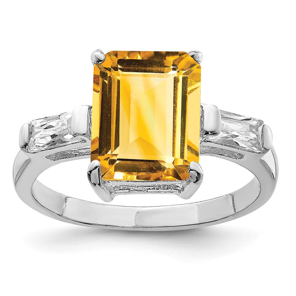 Casted;Polished;Open back;Sterling silver;Citrine;Baguette;Emerald Cut;Cut-out sides