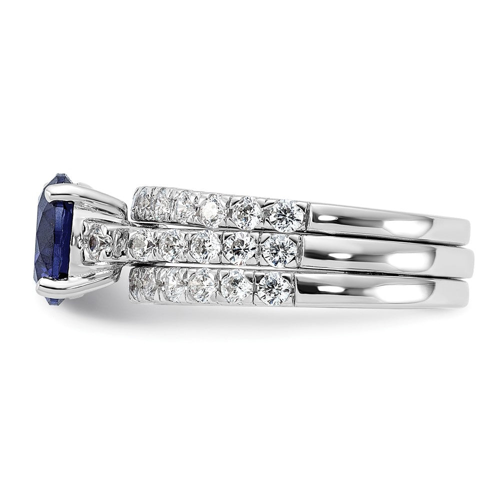 Sterling Silver Rhodium-plated 8mm Blue CZ Engagement Ring and White CZ Wedding Band Set