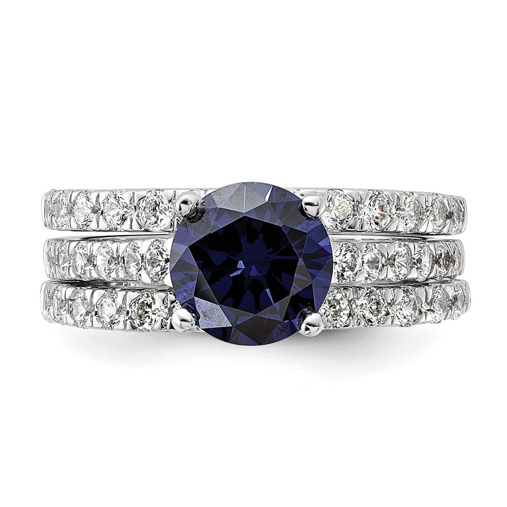 Sterling Silver Rhodium-plated 8mm Blue CZ Engagement Ring and White CZ Wedding Band Set