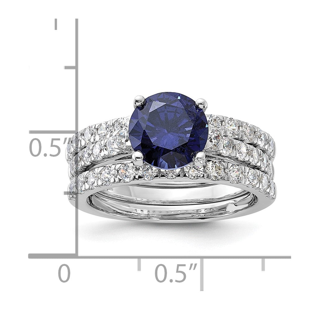Sterling Silver Rhodium-plated 8mm Blue CZ Engagement Ring and White CZ Wedding Band Set