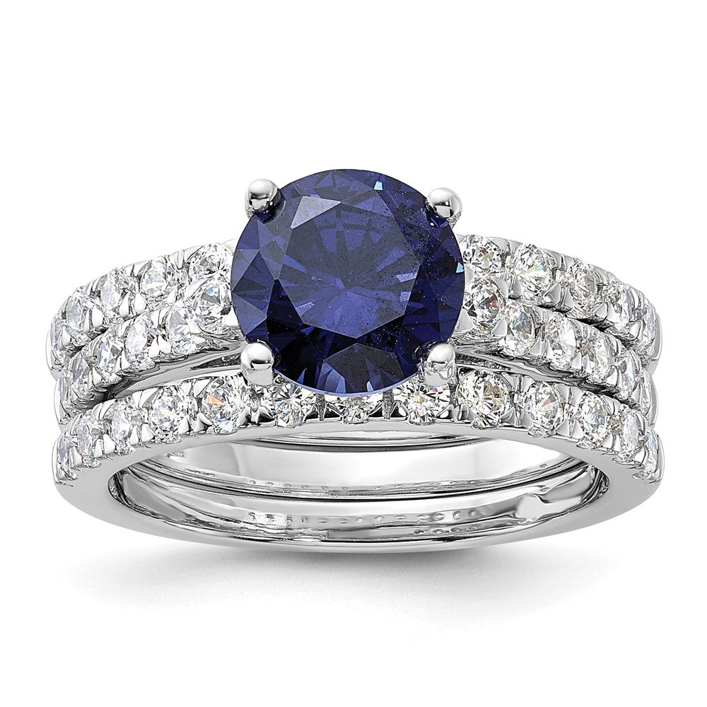 Sterling Silver Rhodium-plated 8mm Blue CZ Engagement Ring and White CZ Wedding Band Set