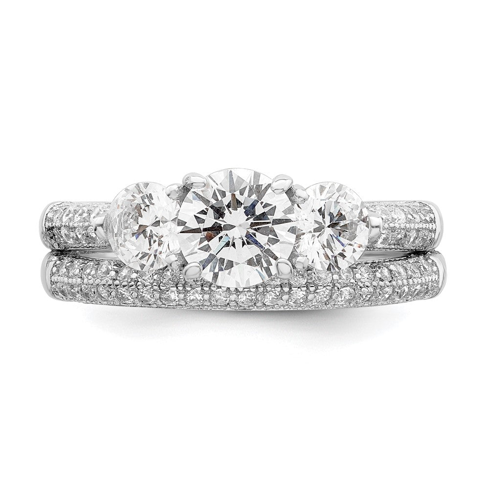 Sterling Silver Rhodium-plated CZ 3 Stone Pave Band Engagement Ring Set