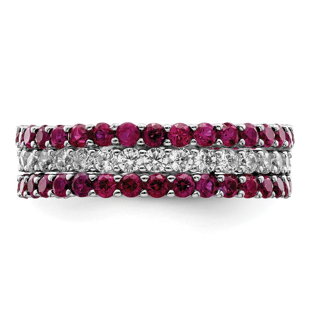 Sterling Silver Rhodium-plated Polished Pink & White CZ 3 Ring Set