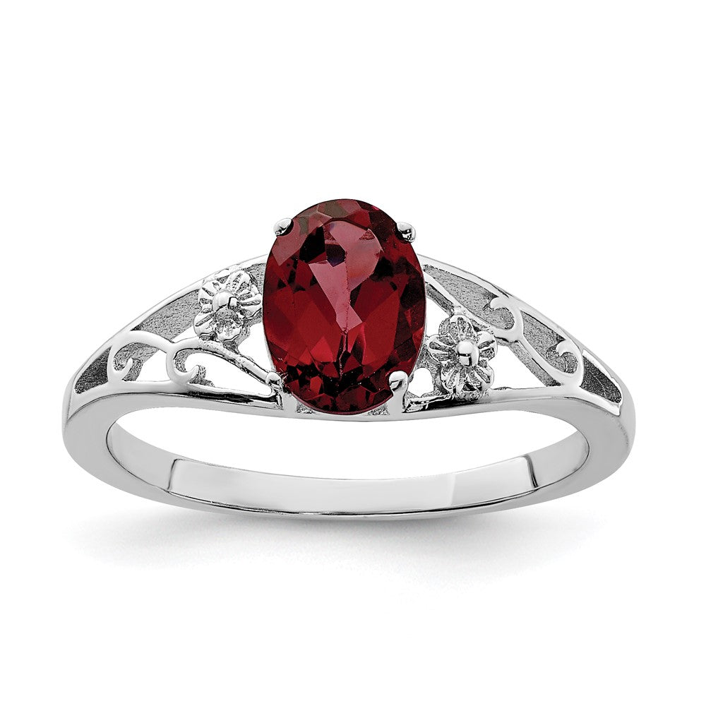 Casted;Polished;Open back;Sterling silver;Garnet;Rhodium-plated;Oval