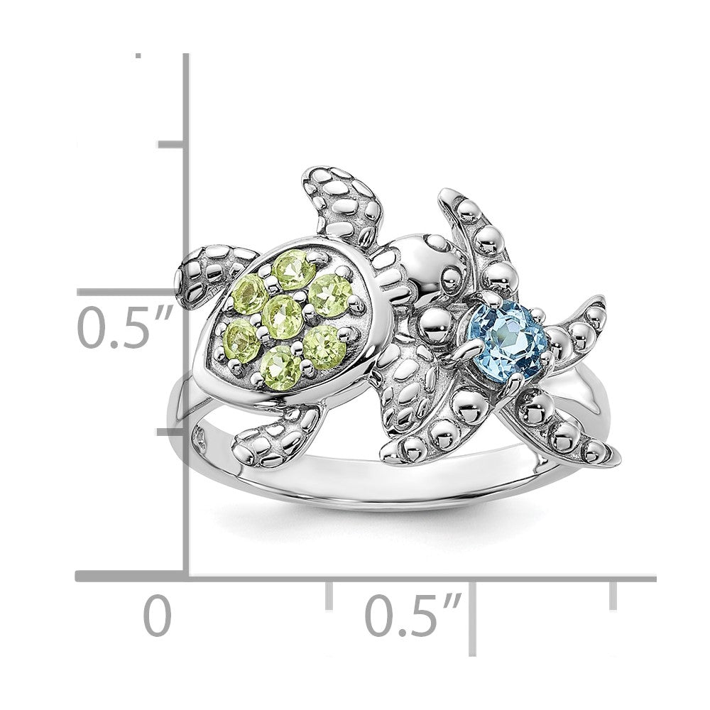 Sterling Silver Rhodium-plated Peridot and Light Swiss Blue Topaz Turtle and Starfish Ring
