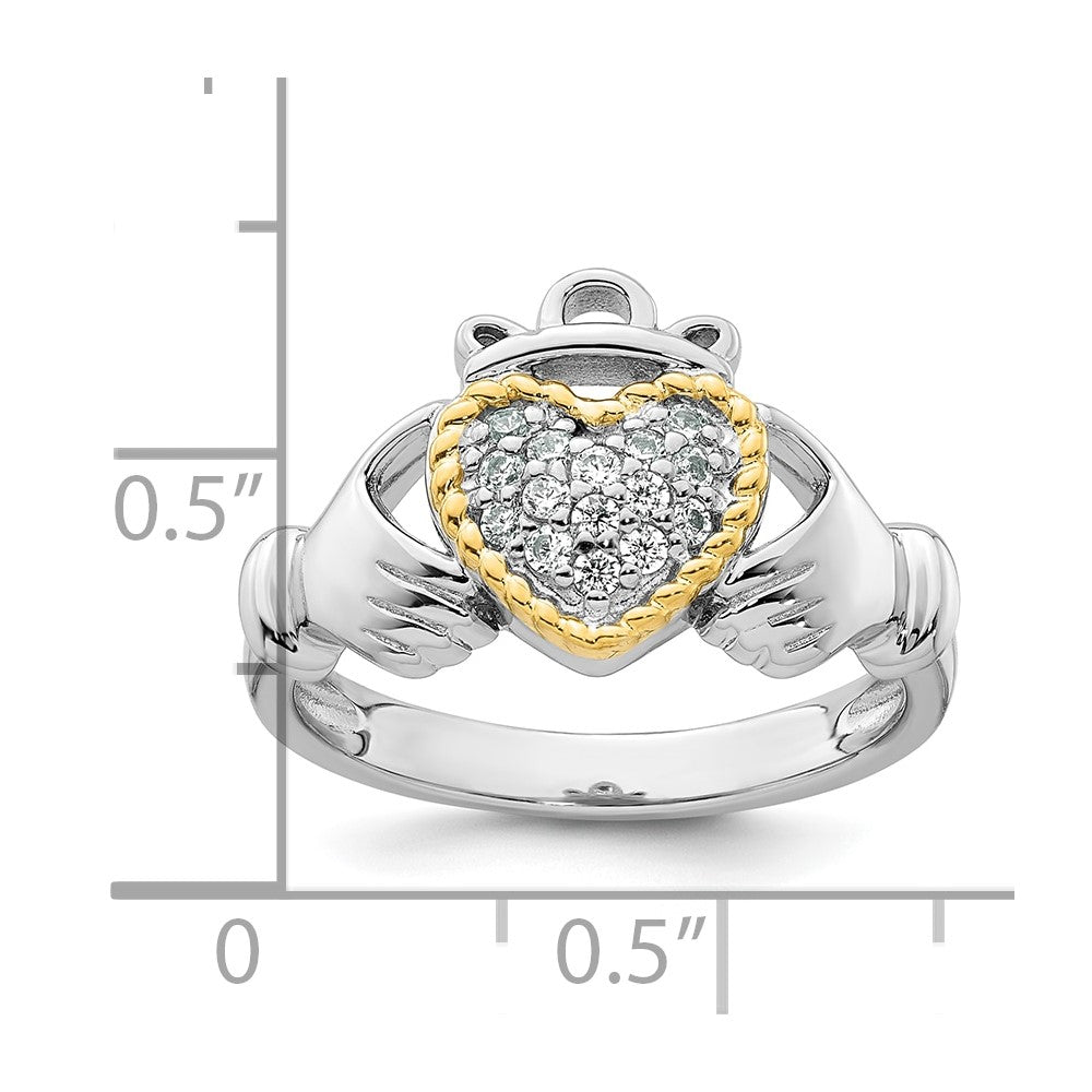 Sterling Silver Rhodium-plated with 14k Accent Polished CZ Size 7 Claddagh Ring