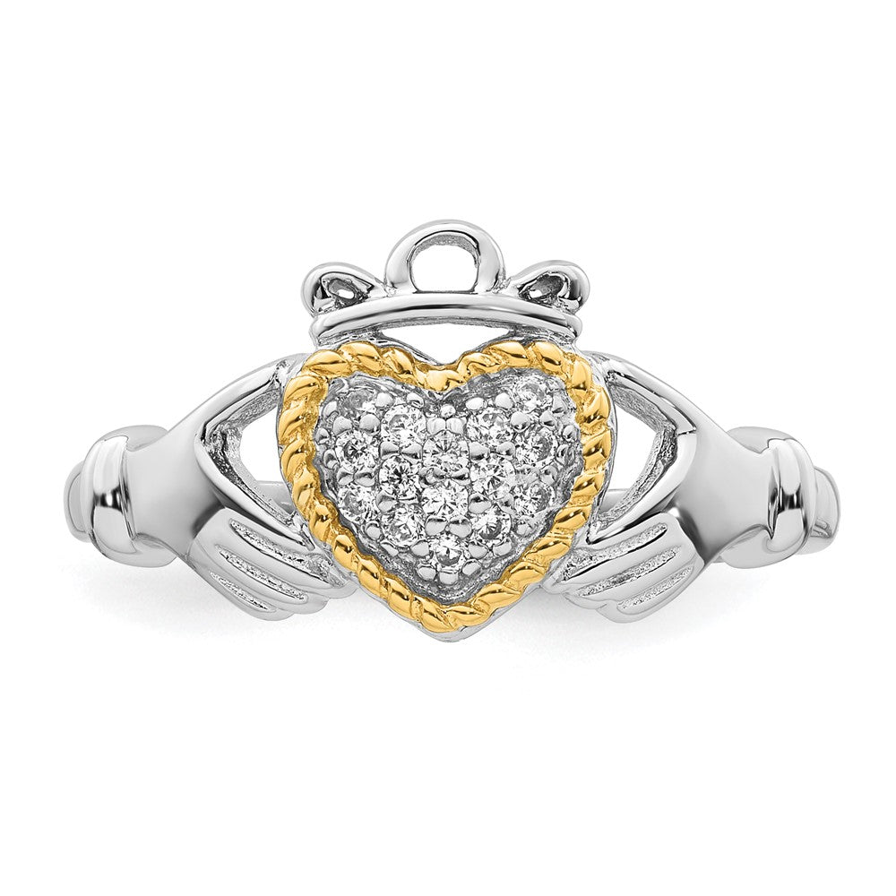 Sterling Silver Rhodium-plated with 14k Accent Polished CZ Size 7 Claddagh Ring