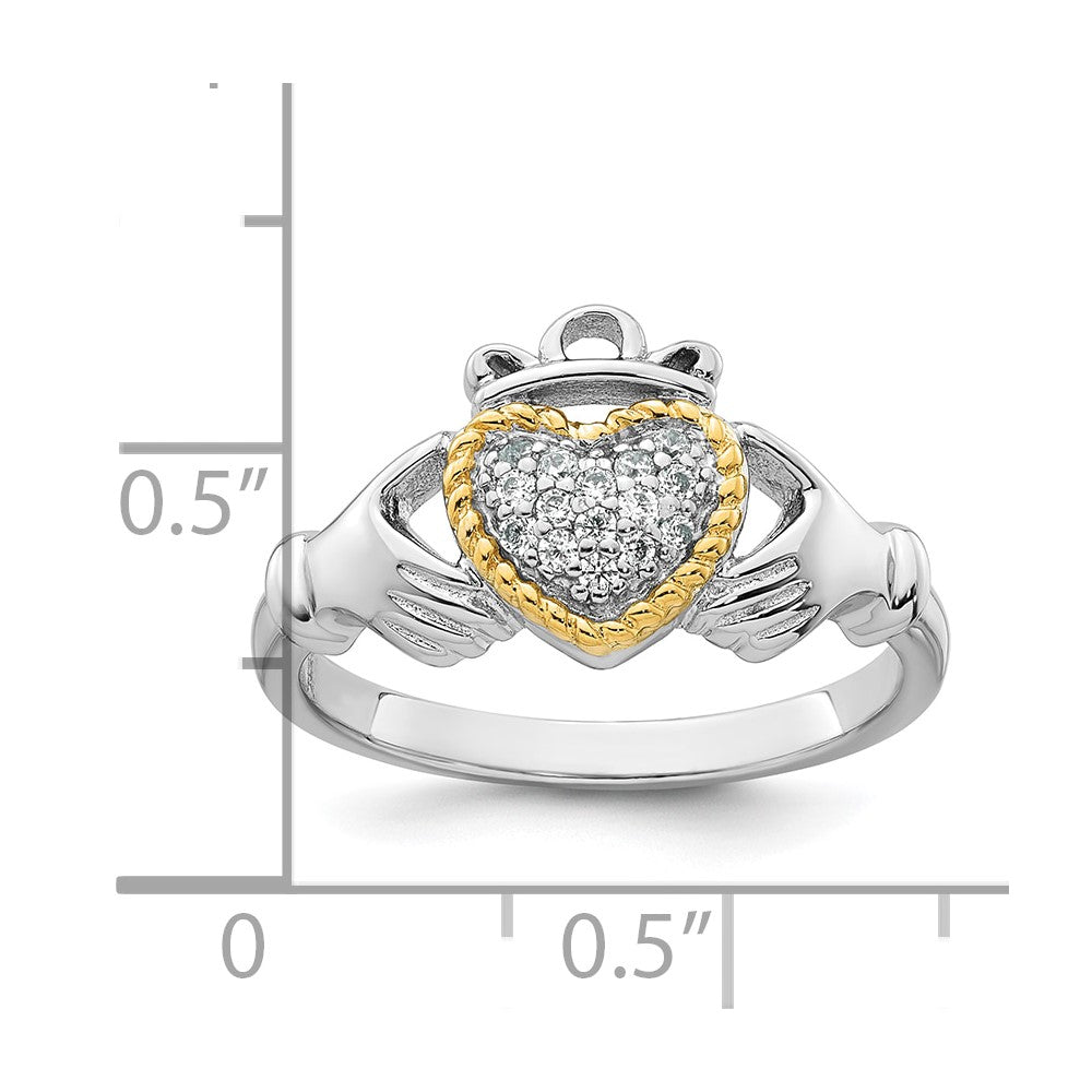 Sterling Silver Rhodium-plated with 14k Accent Polished CZ Size 6 Claddagh Ring