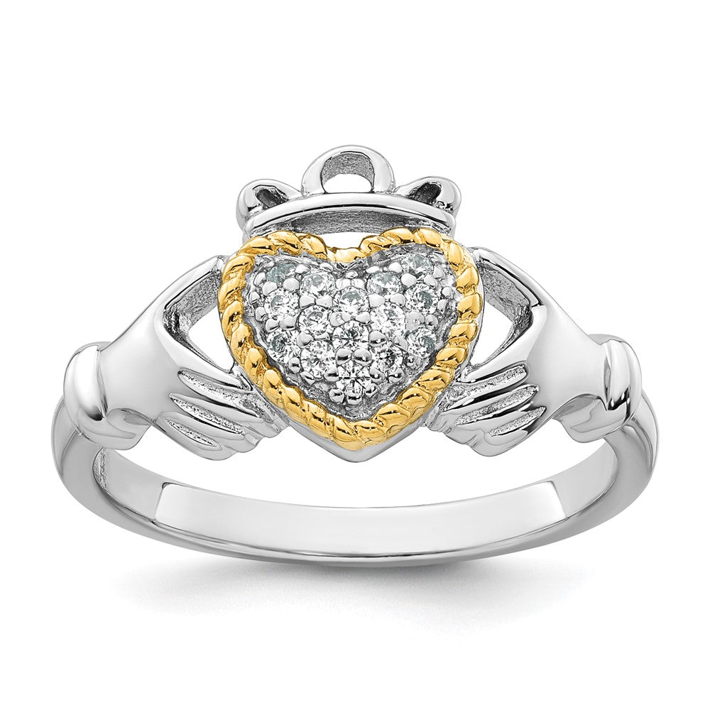 Sterling Silver Rhodium-plated with 14k Accent Polished CZ Size 7 Claddagh Ring