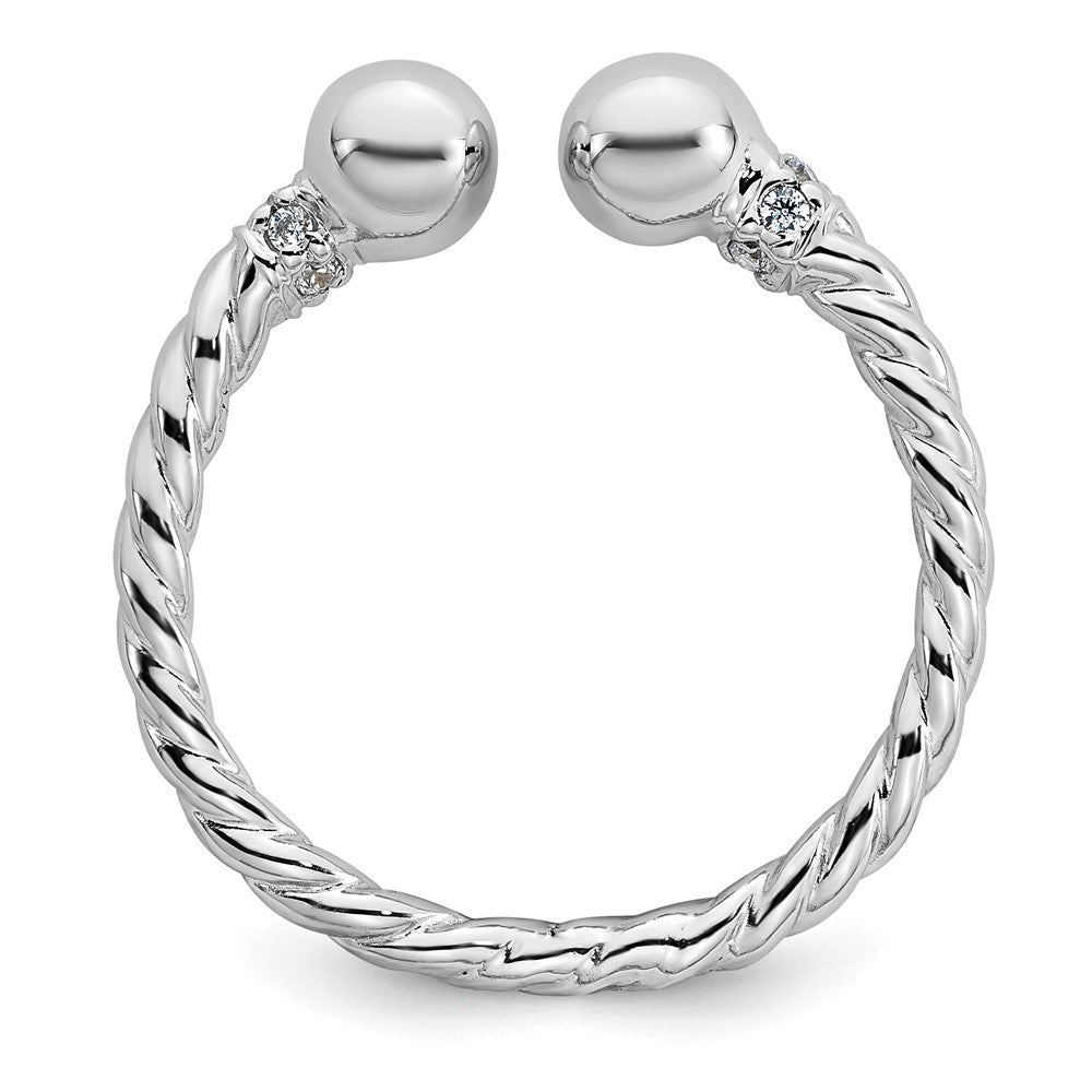 Sterling Silver Rhodium-plated Polished and Twisted CZ Ball End Size 8 Ring