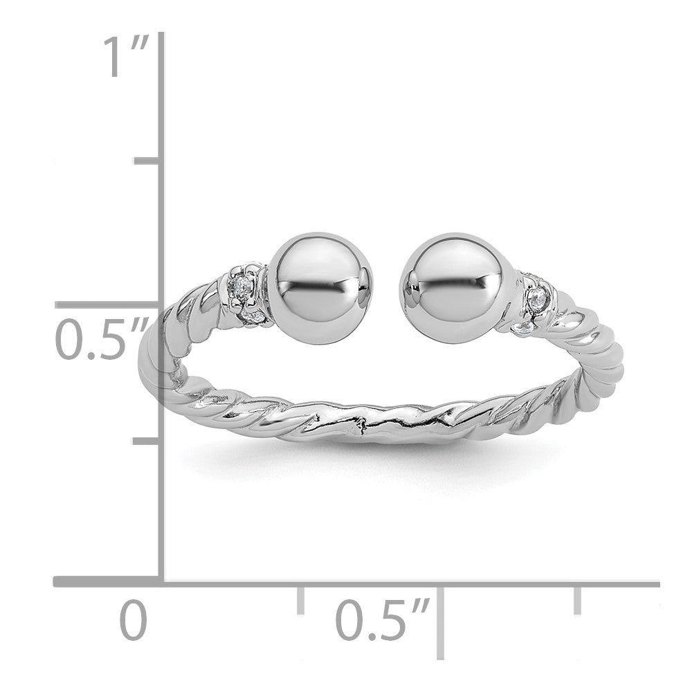 Sterling Silver Rhodium-plated Polished and Twisted CZ Ball End Size 6 Ring