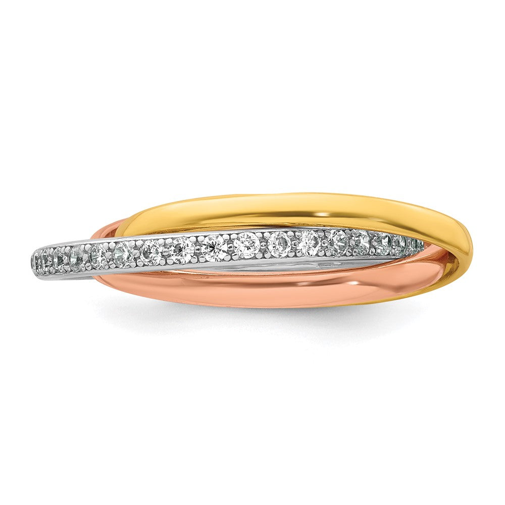 Sterling Silver Rhodium-plated Rose-tone and Gold-tone Polished CZ Intertwined Triple Band Size 7 Ring