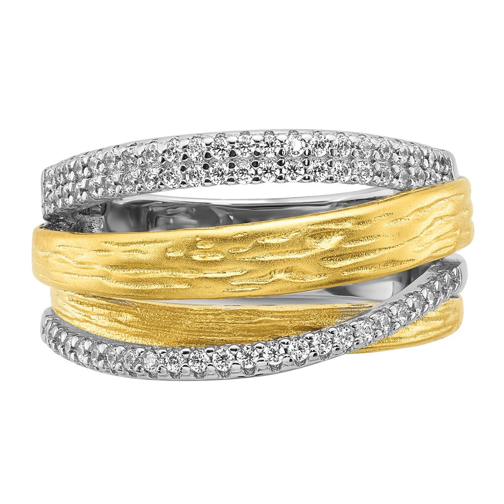 Sterling Silver Rhodium-plated and Gold-tone CZ Textured Brushed 4-Row Size 6 Ring