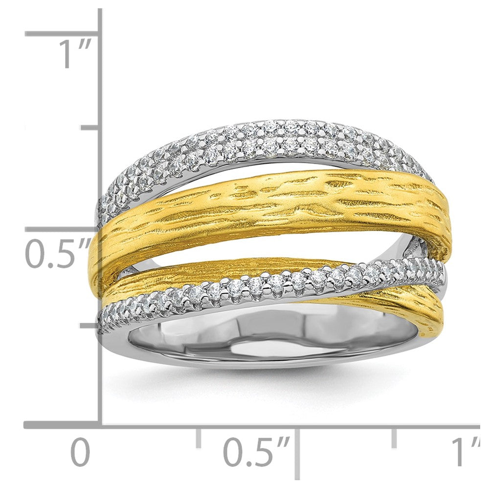 Sterling Silver Rhodium-plated and Gold-tone CZ Textured Brushed 4-Row Size 7 Ring