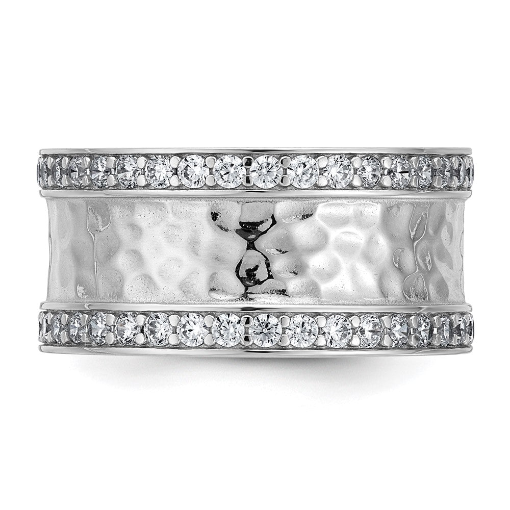 Sterling Silver Rhodium-plated CZ Polished And Hammered 9.5mm Band Size 8 Ring