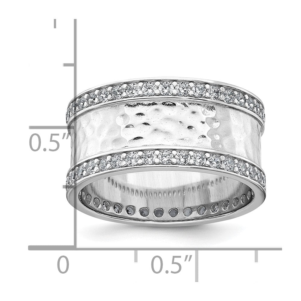 Sterling Silver Rhodium-plated CZ Polished And Hammered 9.5mm Band Size 7 Ring