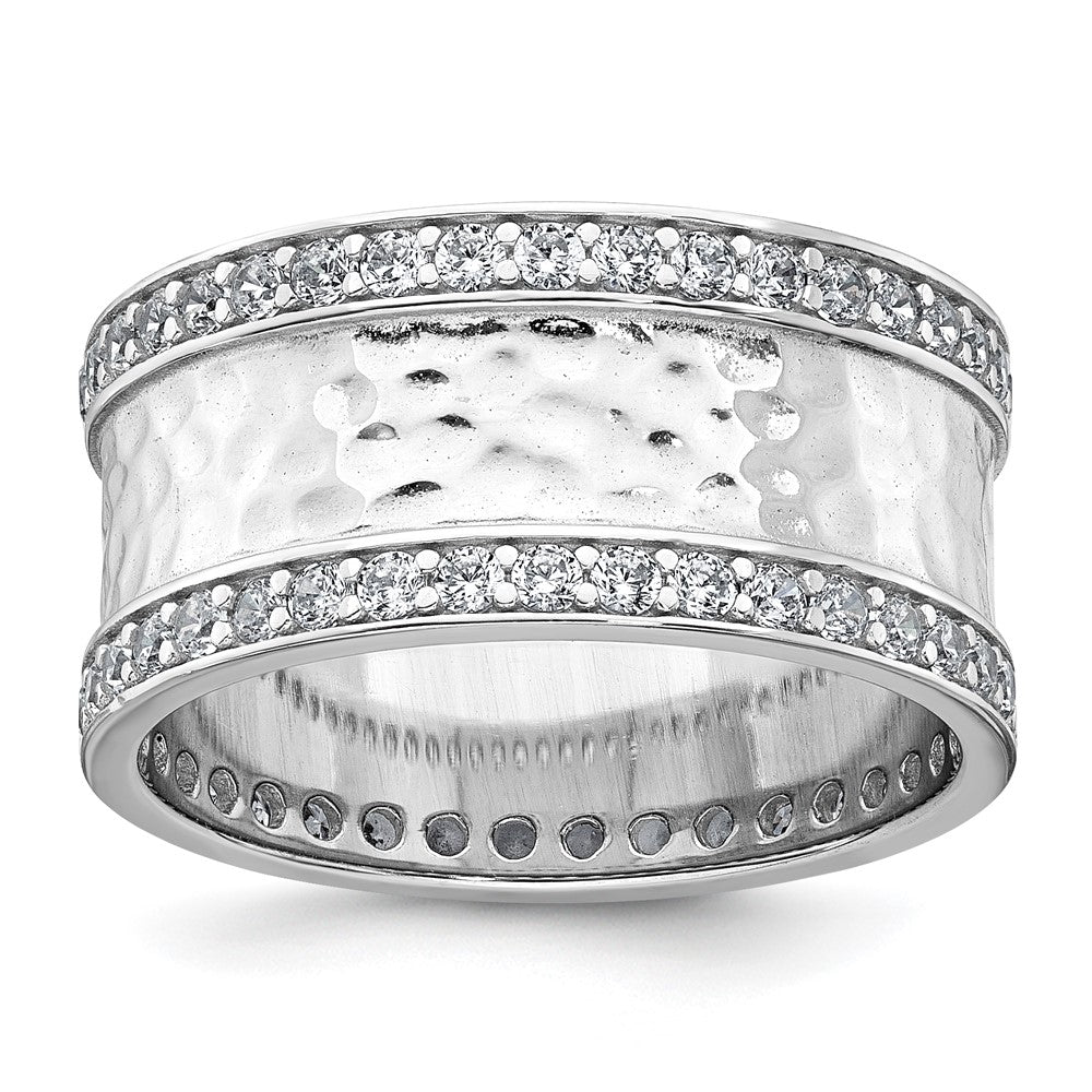 Sterling Silver Rhodium-plated CZ Polished And Hammered 9.5mm Band Size 8 Ring