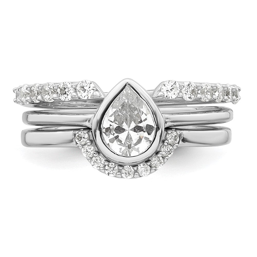 Sterling Silver Rhodium-plated Polished Pear Shape White CZ Ring with 2 Fitted CZ Bands Size 6 Three Ring Set