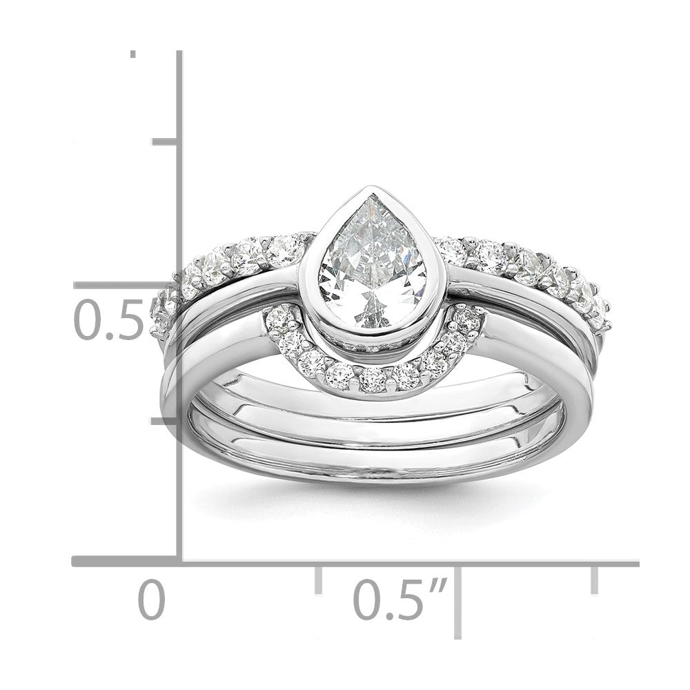 Sterling Silver Rhodium-plated Polished Pear Shape White CZ Ring with 2 Fitted CZ Bands Size 7 Three Ring Set