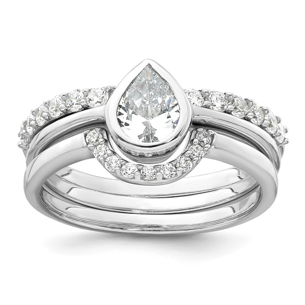 Sterling Silver Rhodium-plated Polished Pear Shape White CZ Ring with 2 Fitted CZ Bands Size 6 Three Ring Set
