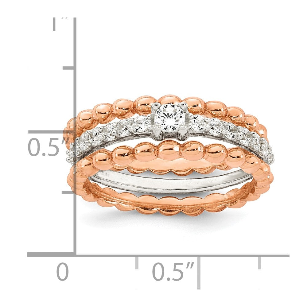 Sterling Silver and Rose-tone Polished Round White CZ Ring with 2 Beaded Bands Size 6 Three Ring Set