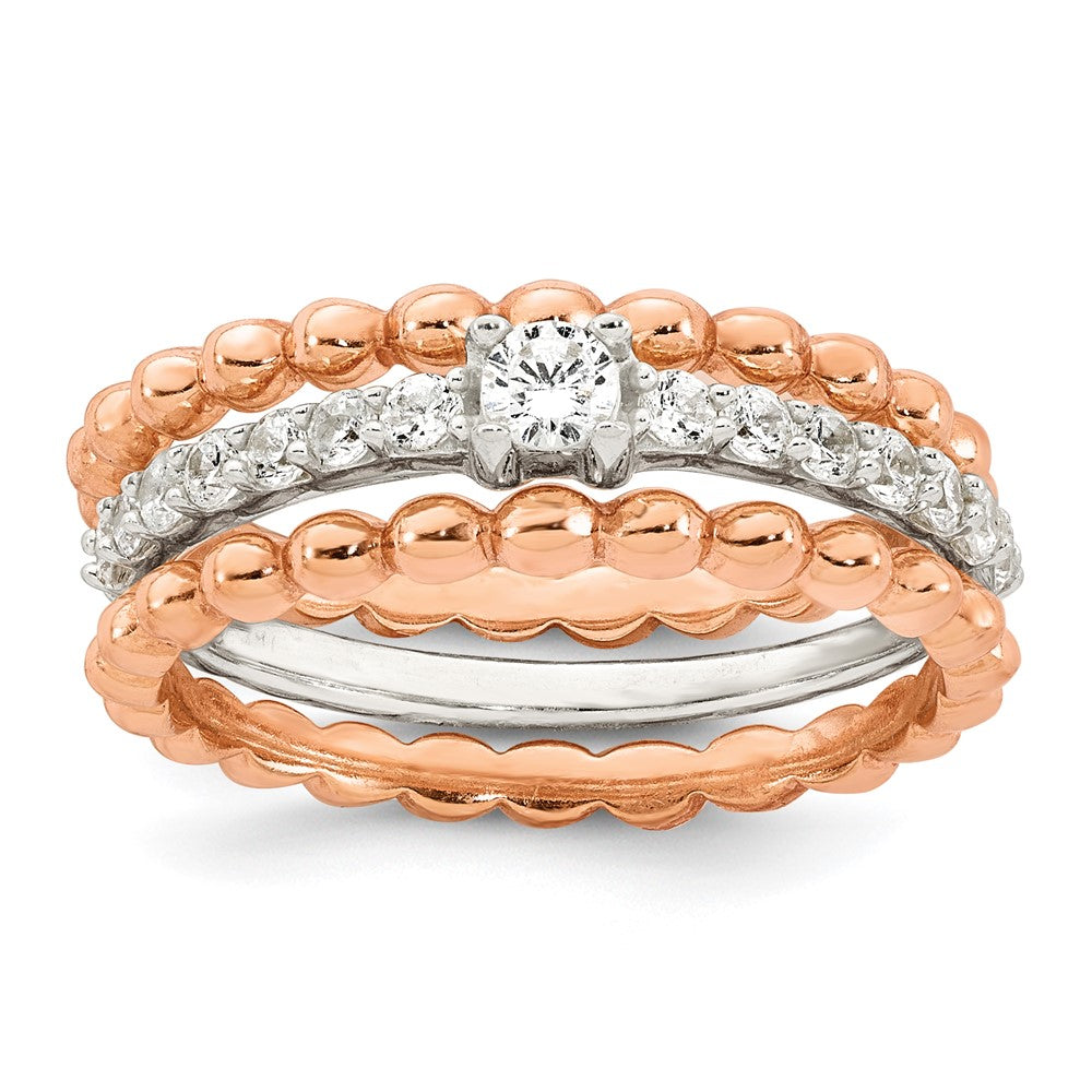 Sterling Silver and Rose-tone Polished Round White CZ Ring with 2 Beaded Bands Size 6 Three Ring Set