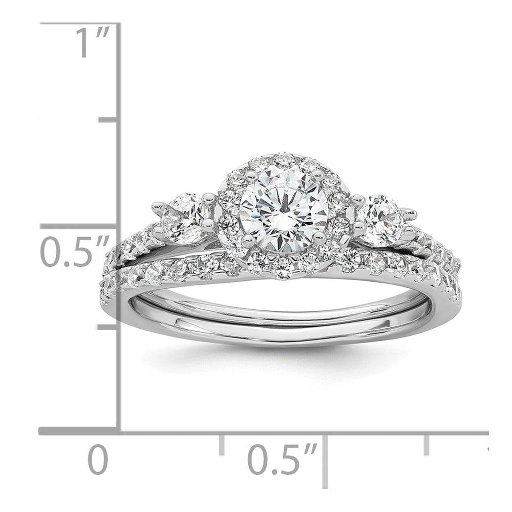 Sterling Silver Rhodium-plated Polished CZ 3-Stone Halo Size 6 Engagement Ring and Wedding Band Set