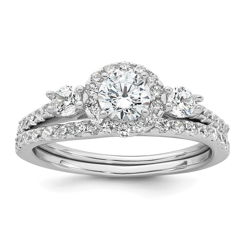 Sterling Silver Rhodium-plated Polished CZ 3-Stone Halo Size 6 Engagement Ring and Wedding Band Set