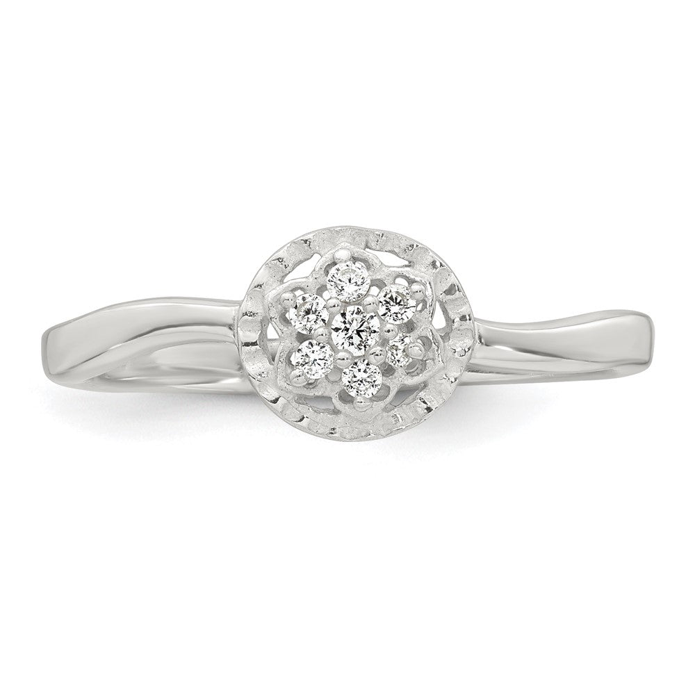 Sterling Silver Polished and Grooved White CZ Flower with Wavy Shank Size 6 Ring