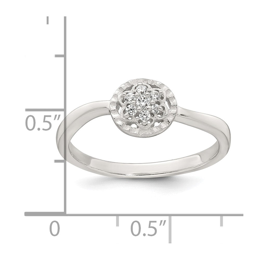 Sterling Silver Polished and Grooved White CZ Flower with Wavy Shank Size 8 Ring