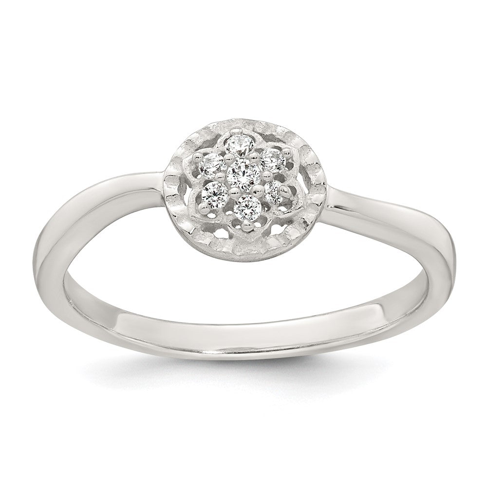 Sterling Silver Polished and Grooved White CZ Flower with Wavy Shank Size 8 Ring