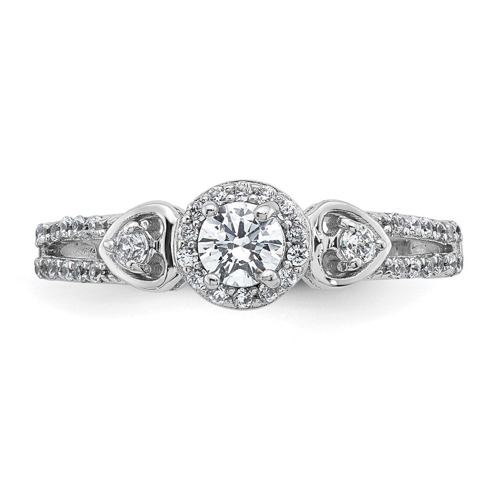 Sterling Silver Rhodium-plated Polished Round CZ Halo Double Side Heart Split Shank Size 7 Ring
