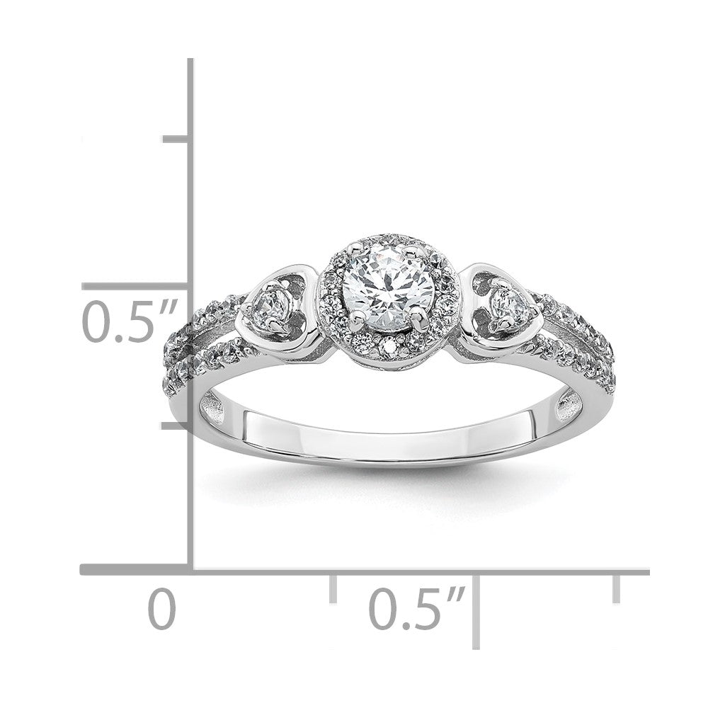 Sterling Silver Rhodium-plated Polished Round CZ Halo Double Side Heart Split Shank Size 8 Ring