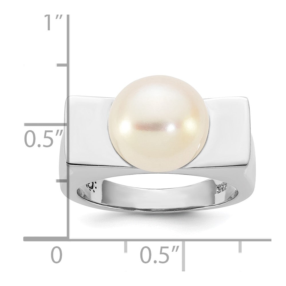 Sterling Silver Rhodium-plated 10-11mm Button White Freshwater Cultured Pearl Square Top Size 6 Ring