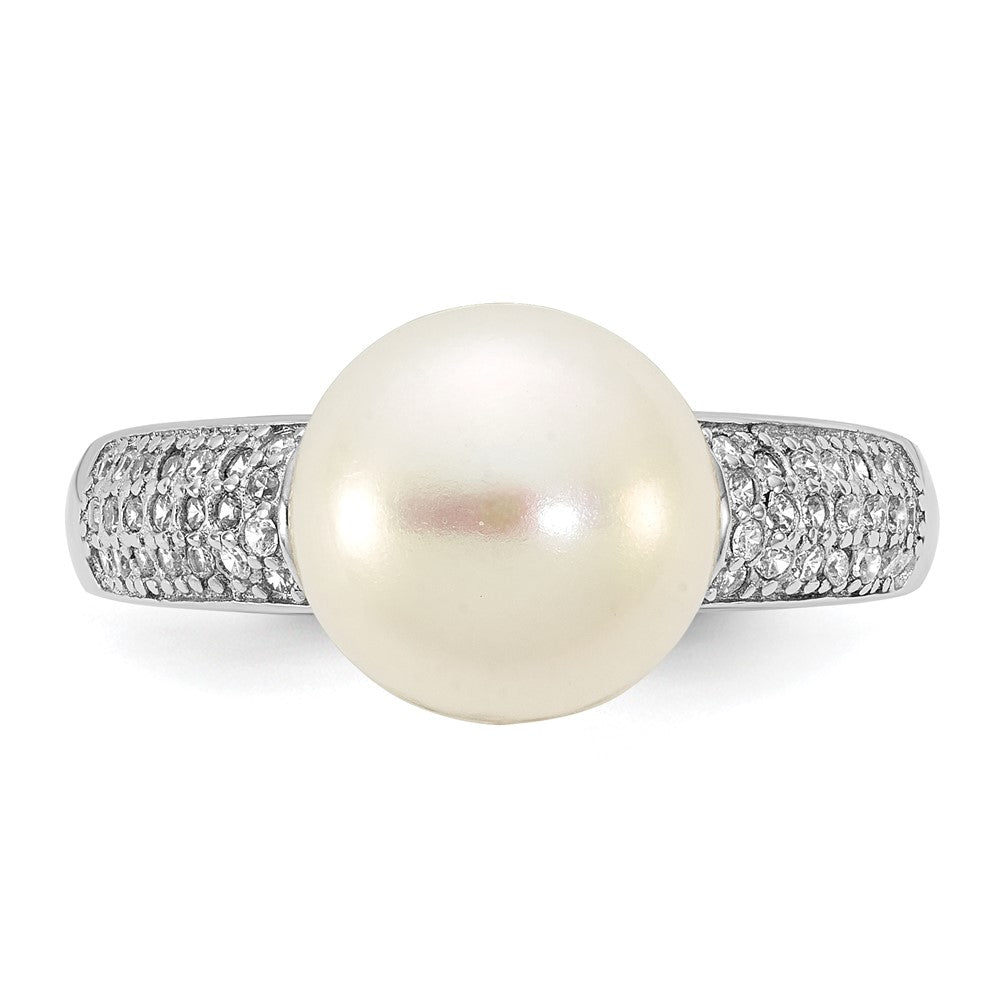 Sterling Silver Rhodium-plated 9-10mm Button White Freshwater Cultured Pearl and CZ Size 6 Ring