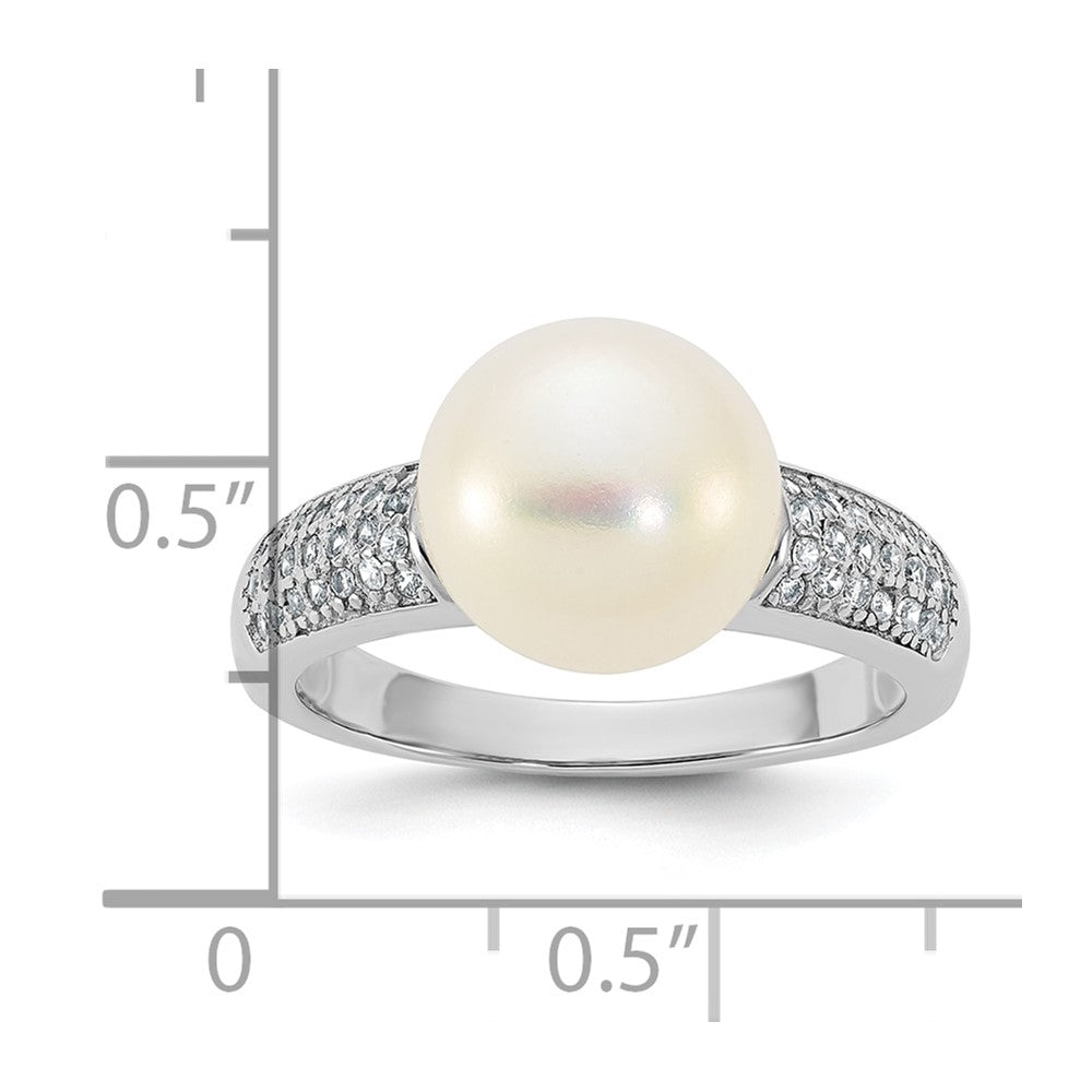 Sterling Silver Rhodium-plated 9-10mm Button White Freshwater Cultured Pearl and CZ Size 6 Ring