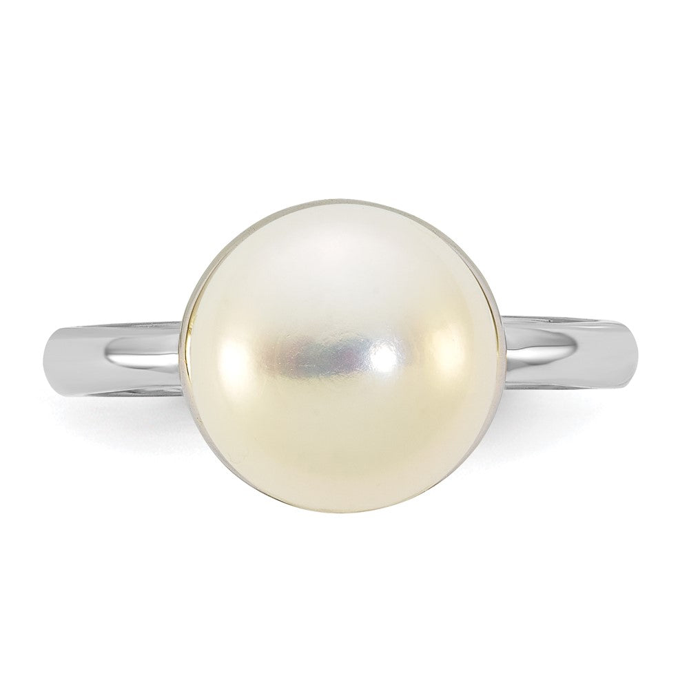Sterling Silver Rhodium-plated 10-11mm Button White Freshwater Cultured Pearl Size 7 Ring