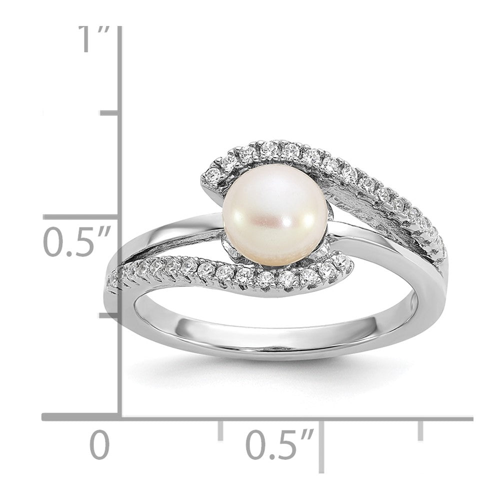 Sterling Silver Rhodium-plated Polished CZ and 6-7mm Freshwater Cultured Pearl Size 7 Ring