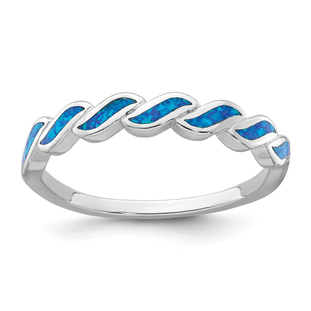 Sterling Silver Rhodium-plated Polished Blue Lab Created Opal Wave Size 7 Ring