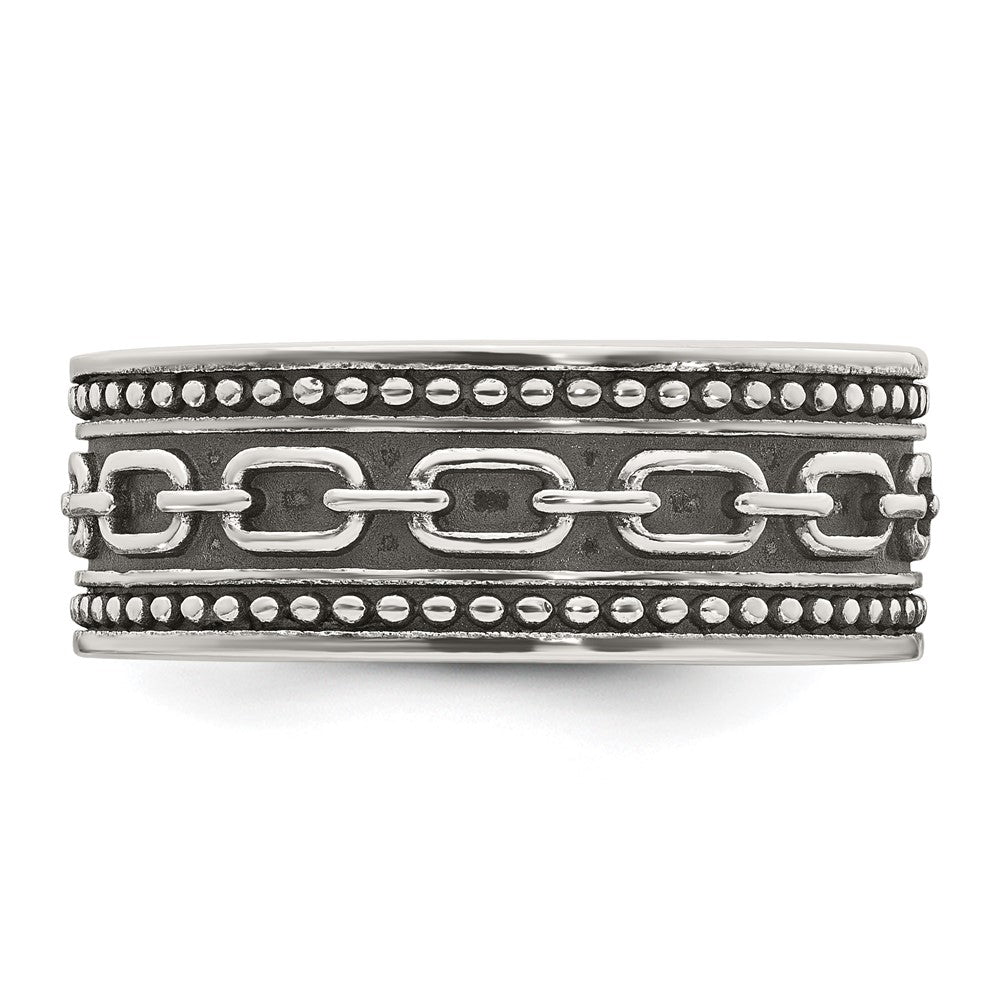 Sterling Silver Polished Beaded Antiqued Chain Link Band Size 10 Mens Ring
