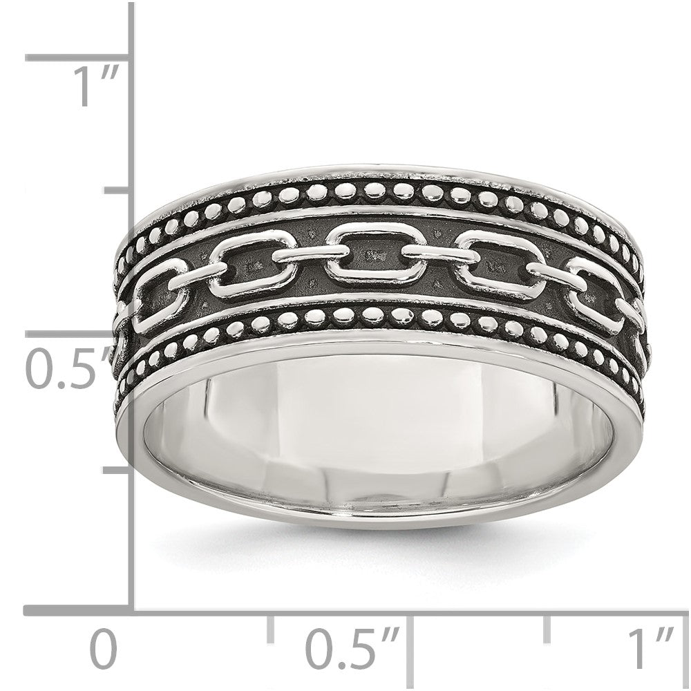Sterling Silver Polished Beaded Antiqued Chain Link Band Size 11 Mens Ring